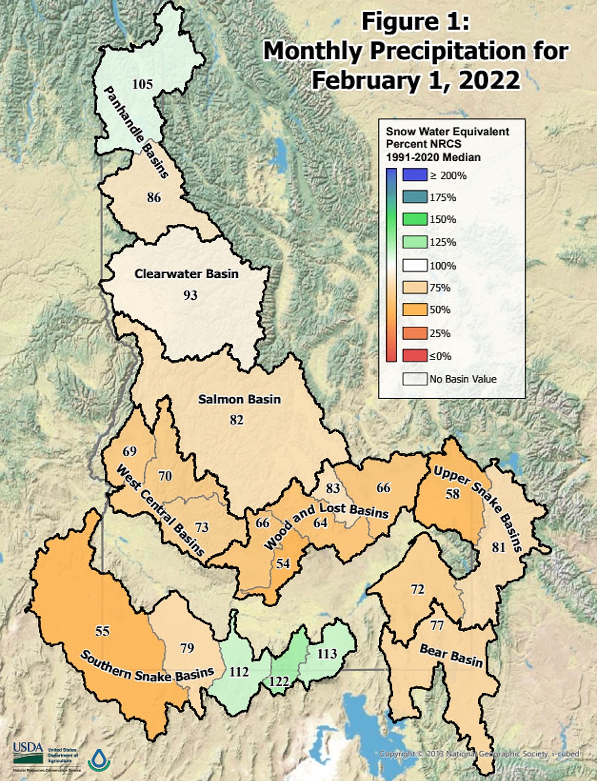 A Natural Resources Conservation Service map showing the monthly precipitation totals in the state's basins for the time period ending Feb. 1, 2022.