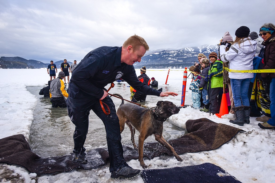 Kalispell Police Officer Jason Parce and K-9 Cairo step out of Whitefish Lake during the Penguin Plunge on Saturday, Feb. 5. Organized by the Law Enforcement Torch Run as part of the Whitefish Winter Carnival, the event raised over $60,000 for Special Olympics Montana. (Casey Kreider/Daily Inter Lake)