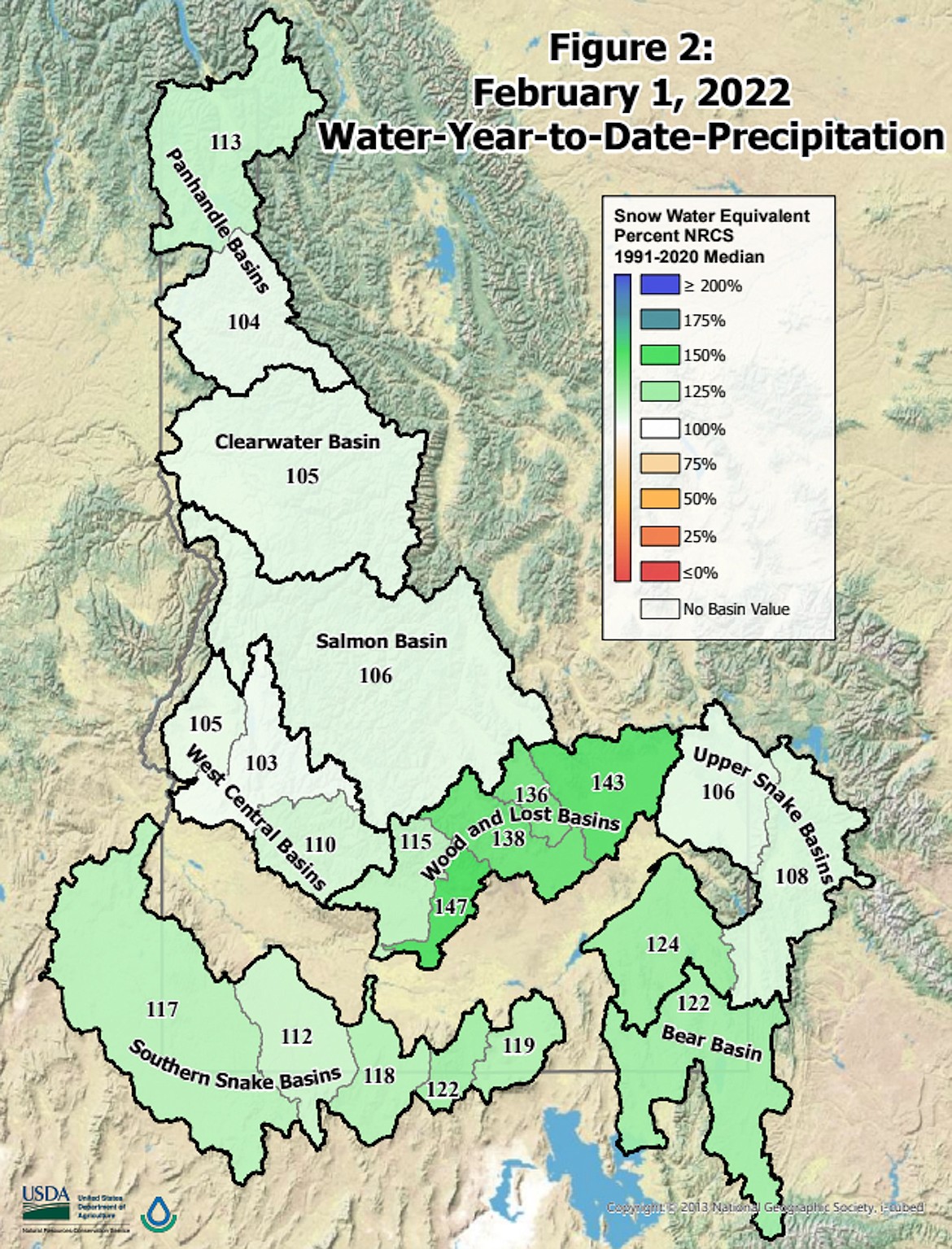 A Natural Resources Conservation Service map shows the water-year-to-date precipitation totals in the state's basins.