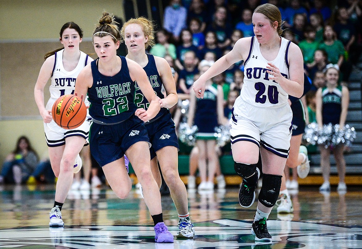 Glacier's Noah Fincher (22) leads a fast break after picking up a steal against Butte at Glacier High School on Saturday, Feb. 5. (Casey Kreider/Daily Inter Lake)