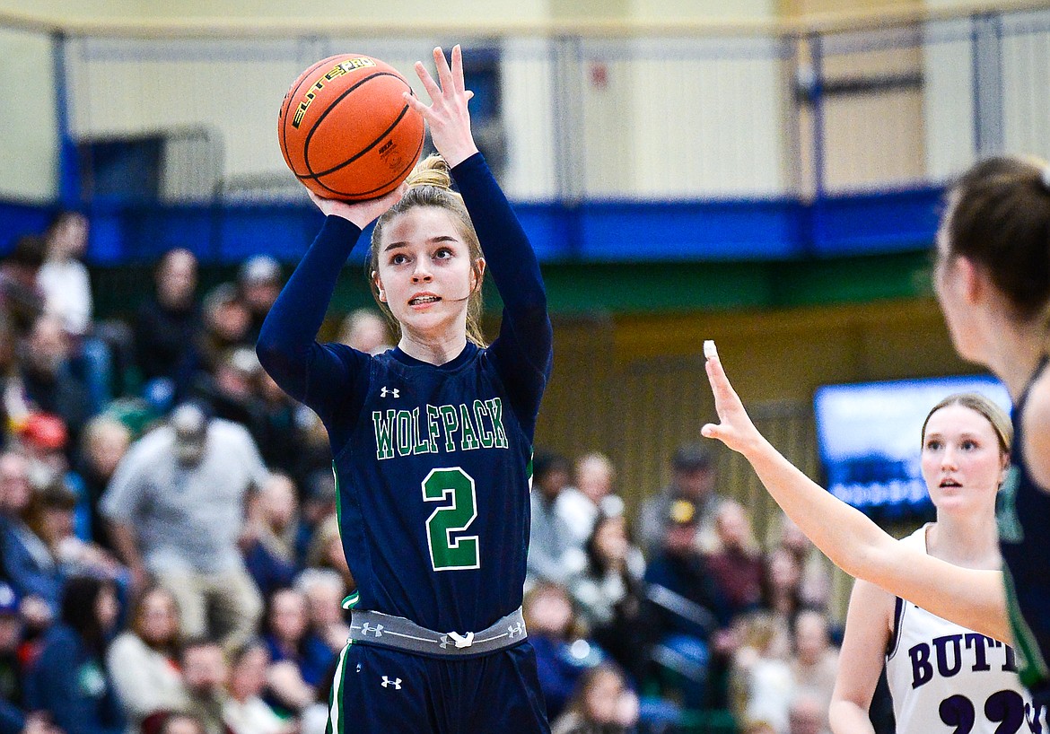 Glacier's Sidney Gulick (2) sinks a jumper against Butte at Glacier High School on Saturday, Feb. 5. (Casey Kreider/Daily Inter Lake)