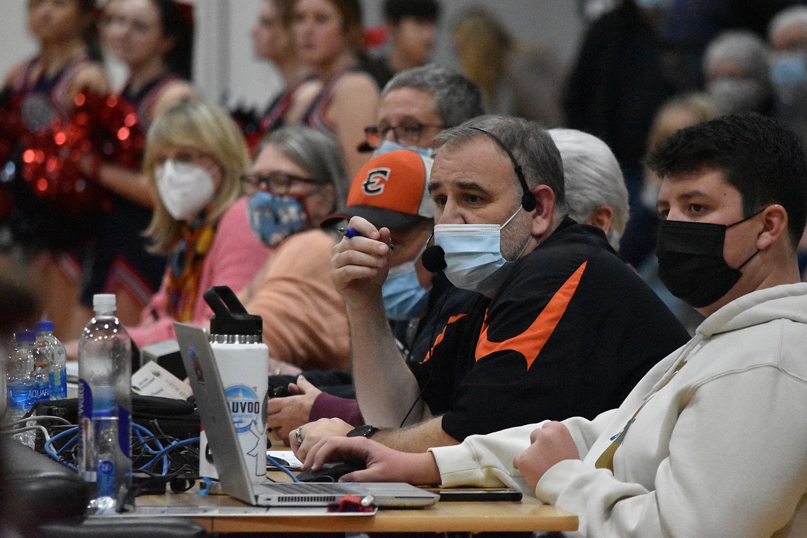 Ryan Shannon, announcer for Ephrata High School basketball, watches closely during the game against Ellensburg High School on Jan. 21.