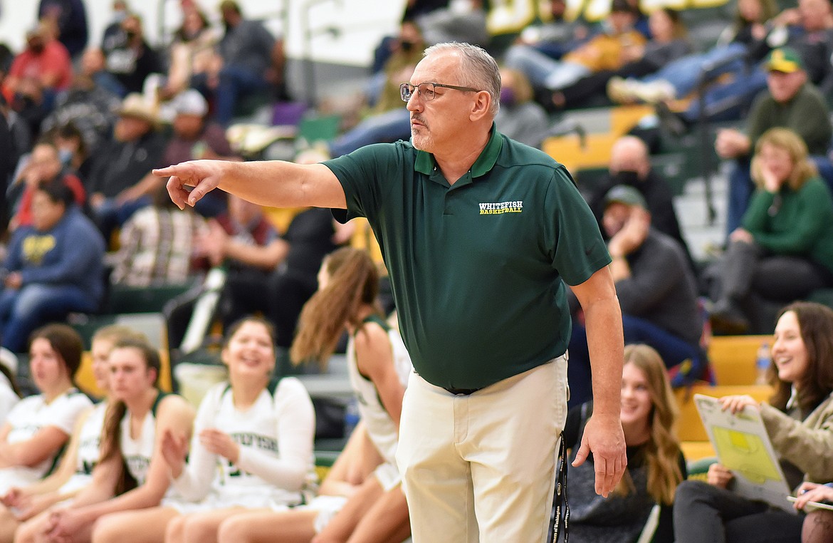 Whitefish head coach Bob Bolam calls out to his team during a game against Browning at Whitefish High School. (Whitney England/Whitefish Pilot)