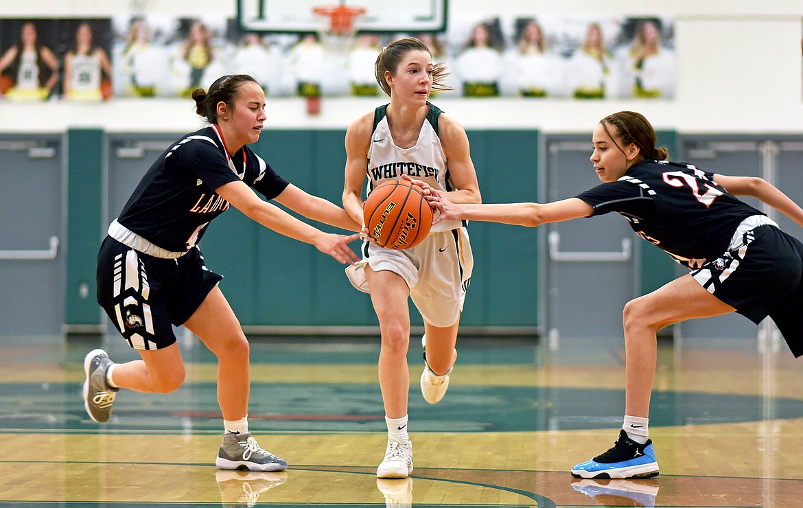 Bulldog Hailey Ells looks to pass on a fast break opportunity against Browning on Friday. (Whitney England/Whitefish Pilot)