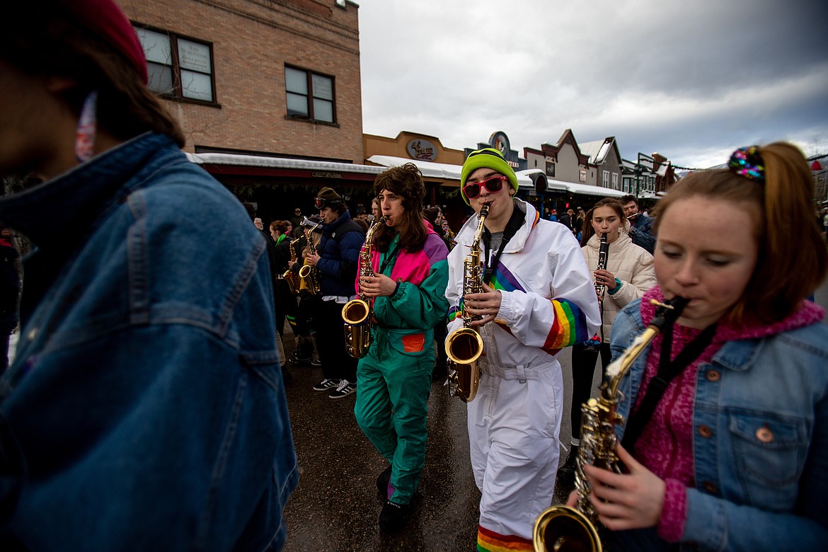 Whitefish High School band members play along in the Whitefish Carnival. (JP Edge photo)