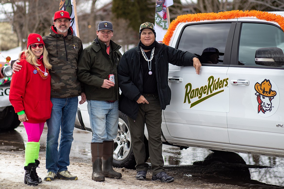 The team float for the Range Riders baseball organization, the Flathead's new Pioneer League team. Pictured, from left to right, Sue Kelly (owner), Erik Moore (general manager), Stu Pederson (bench coach) and Nick Hogan (manager). (JP Edge photo)