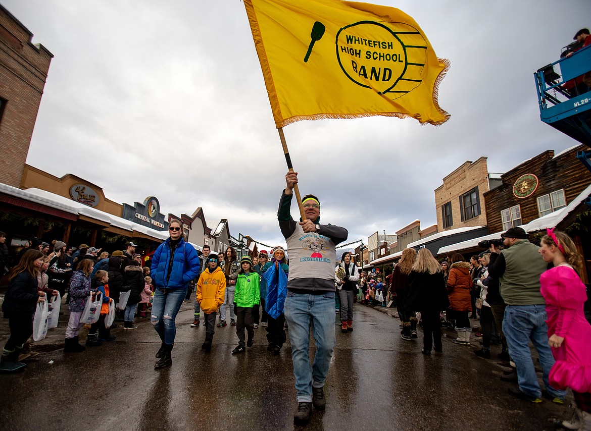 The Whitefish High School band in the Winter Carnival parade on Saturday. (JP Edge photo)