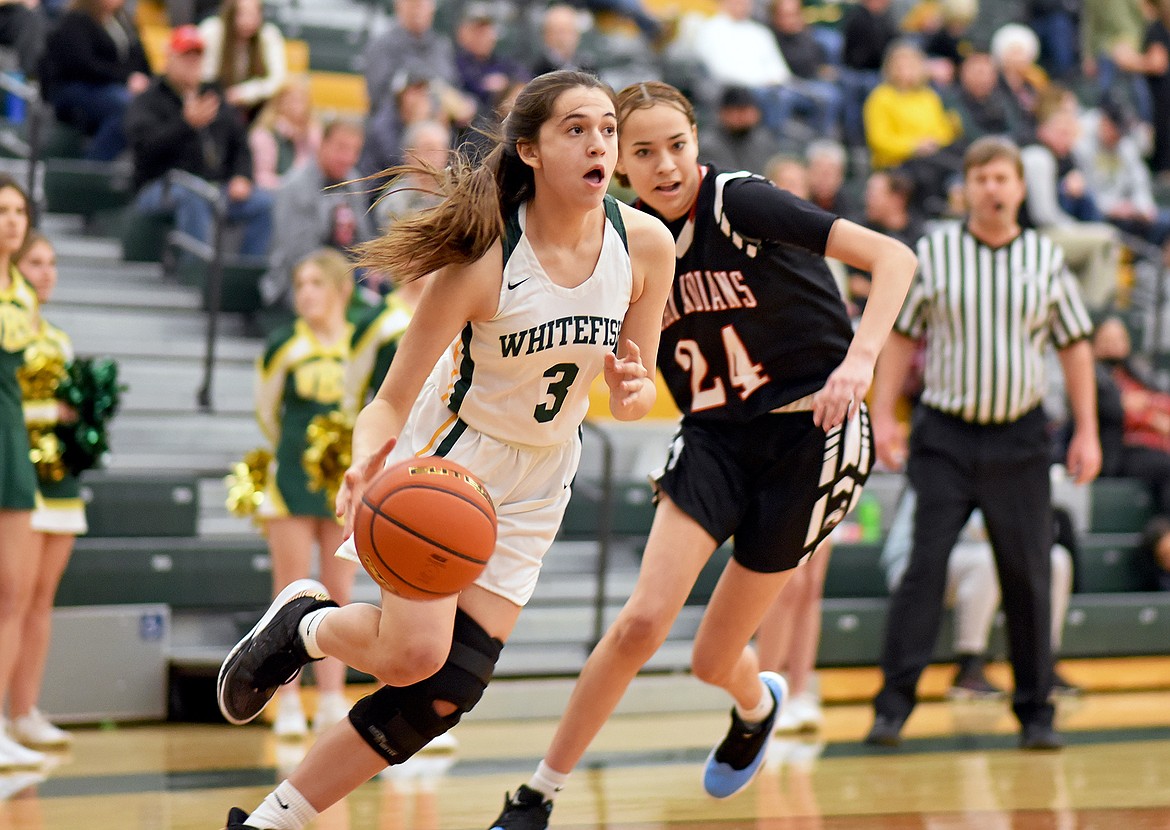 Whitefish freshman Yoli Krastev drives baseline against Browning on Friday. (Whitney England/Whitefish Pilot)