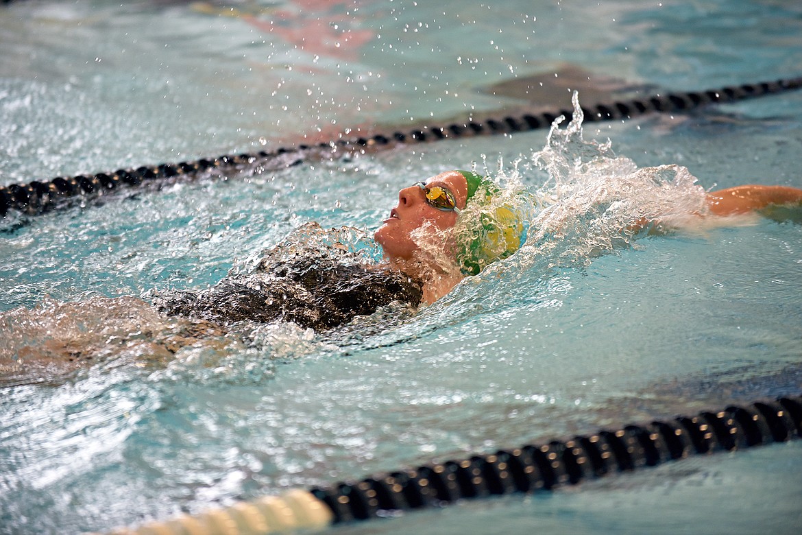 Whitefish senior Ada Qunell swims to first place in the 200 yard IM at the Kalispell Invite earlier this season. (Whitney England/Whitefish Pilot)