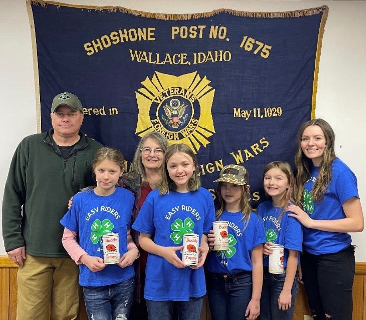 The Order of the Eastern Star Chapter 10 and the Easy Riders 4-H Club worked together to raise $550 for the local VFW by taking donations for the annual Veteran’s Poppy Drive. Pictured (from left) in the front row are Silver Goldade, Rory Kromer, Kenna Stanley, Charlee Draeger and Jaden House. Back row: Chris Marker, VFW Master Post 1675; and Leslee
Stanley, Worthy Matron Shoshone Chapter 10 Order of Eastern Star and Leader of the Easy Rider 4-H club.
