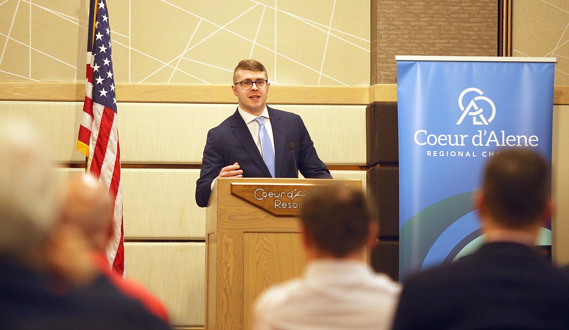 Sam Wolkenhauer, regional labor economist, Idaho Department of Labor, speaks at The Coeur d'Alene Regional Chamber's Upbeat Breakfast at The Coeur d'Alene Resort on Tuesday.