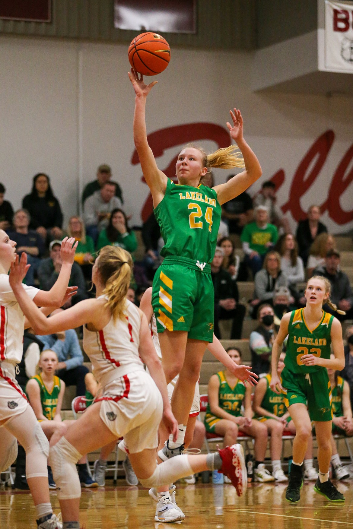 JASON DUCHOW PHOTOGRAPHY
Lakeland High senior Addie Kiefer puts up a jump shot during Game 1 of the best-of-3 4A Region 1 championship series at Les Rogers Court. Sandpoint won 48-37 and will host Game 2 on Friday in Sandpoint.