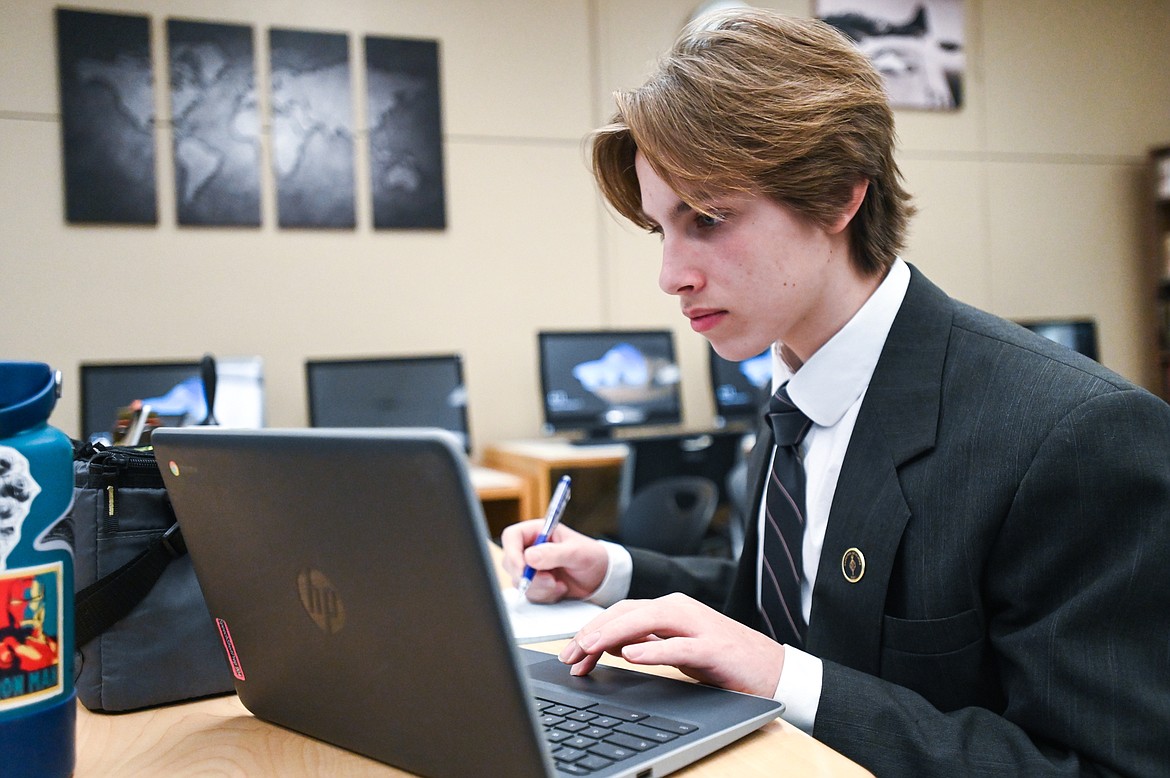 Flathead High School's Rylan Wild prepares for his extemporaneous speech before the West District National Qualifying Speech and Debate Tournament at Flathead High School on Friday, Feb. 11. (Casey Kreider/Daily Inter Lake)