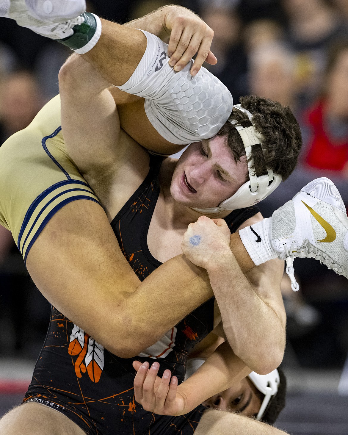 Flathead's Fin Nadeau wrestles Missoula Big Sky's Israel Moreno in the 145 pound Class AA final during the MHSA State Wrestling tournament at First Interstate Arena in Billings on Saturday, Feb. 12. (Mike Clark/Billings Gazette)