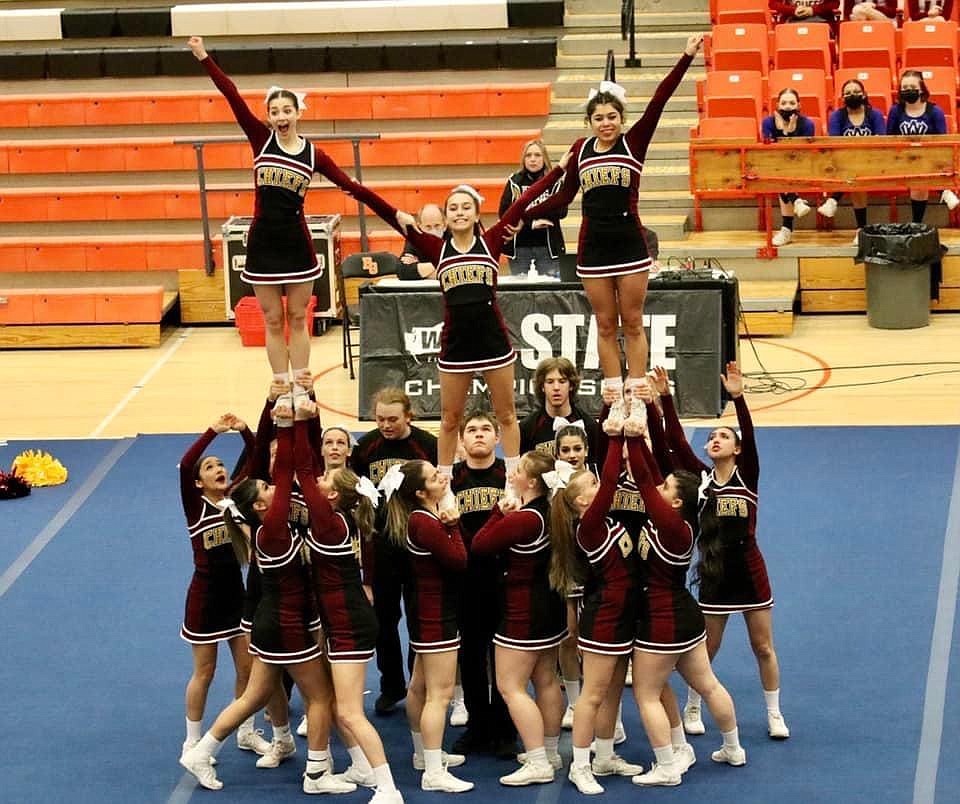 The Moses Lake High School cheer team during its state championship routine.