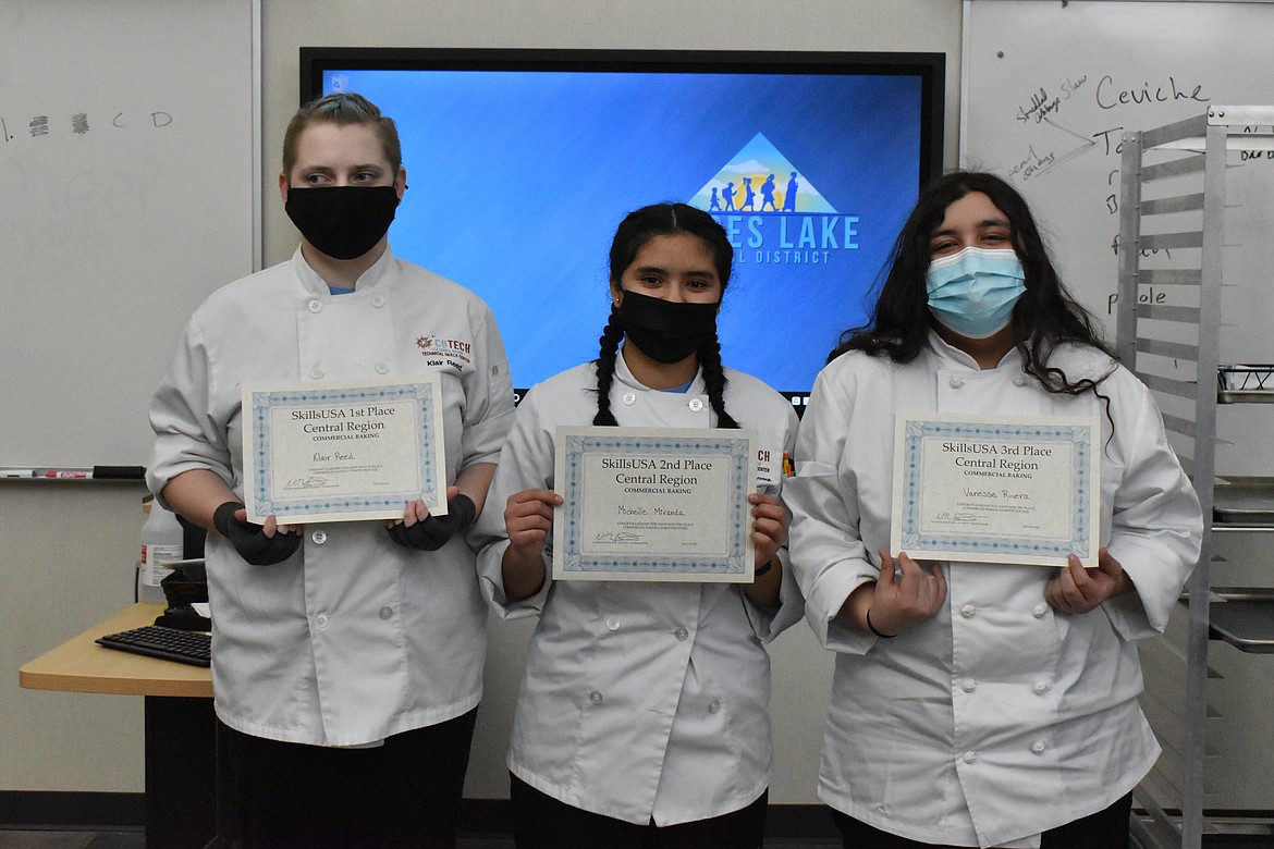 From left to right, Klair Reed, Michelle Miranda and Vanessa Rivera. The three will move on to the SkillsUSA state competition if it is held this year.