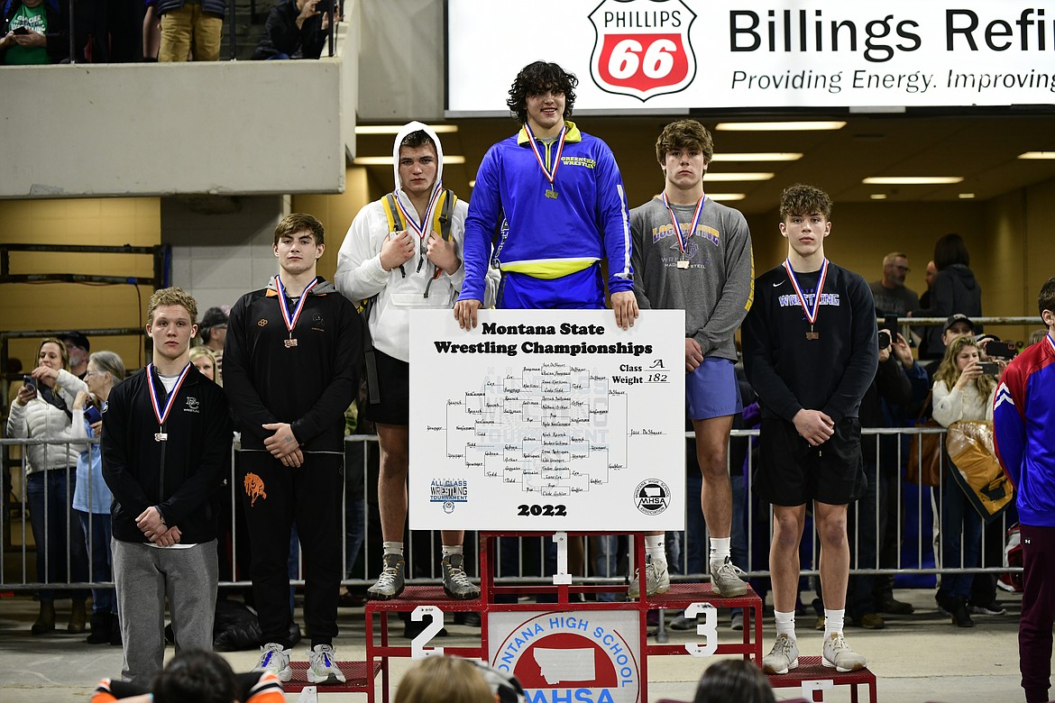 Libby's Jace DeShazer emerged from the state tournament as Montana's 182 pound Class A champion. DeShazer kicked off the tournament by pinning Quinn Boogman of Three Forks in 57 seconds. He advanced to the championship following a 6-5 bout with Kale Vancampen of Havre. He then squared off against Cade Gubler and pinned him 1:34 into the match. (Photo courtesy Don Madison)