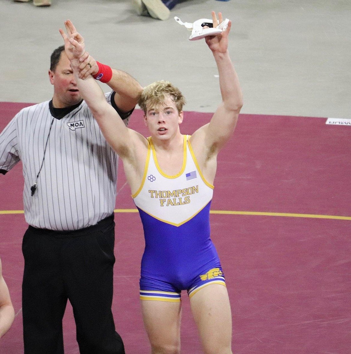 Thompson Falls wrestler Trae Thilmony just after winning his third straight State B/C wrestling title, this one at 145 pounds. (Kami Milender photo)