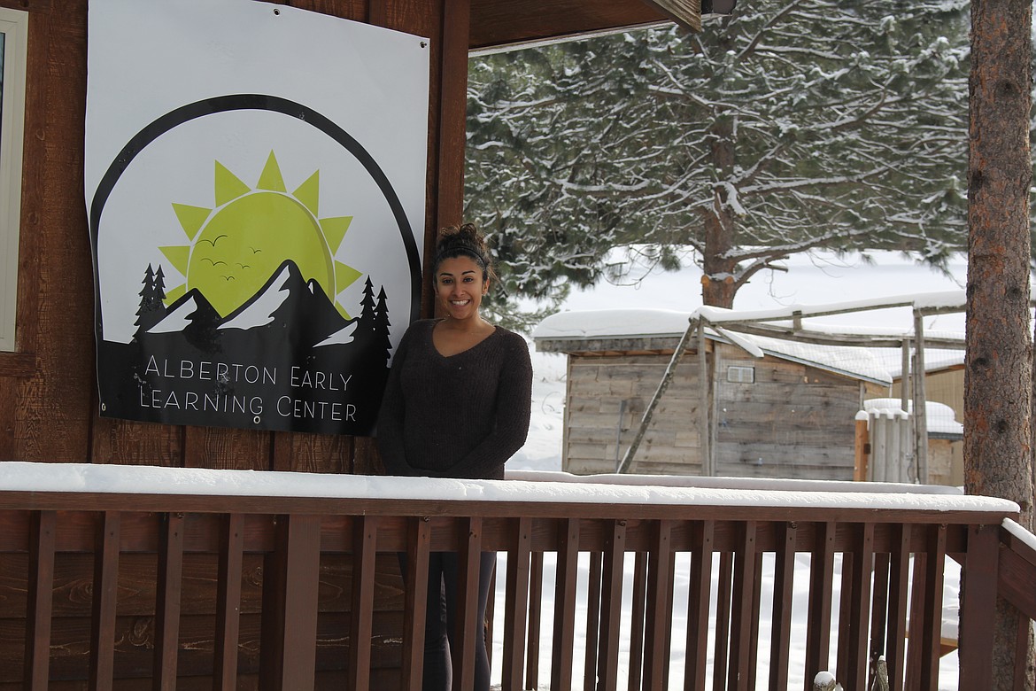 Felicity Day stands on the porch of the newly opened Alberton Early Learning Center. (Monte Turner/Mineral Independent)