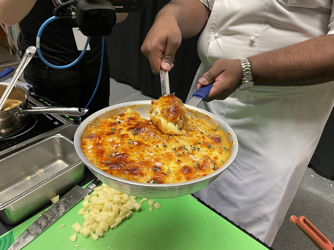 A close-up of French onion potato casserole.