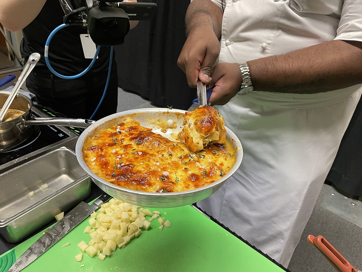 A close-up of French onion potato casserole.