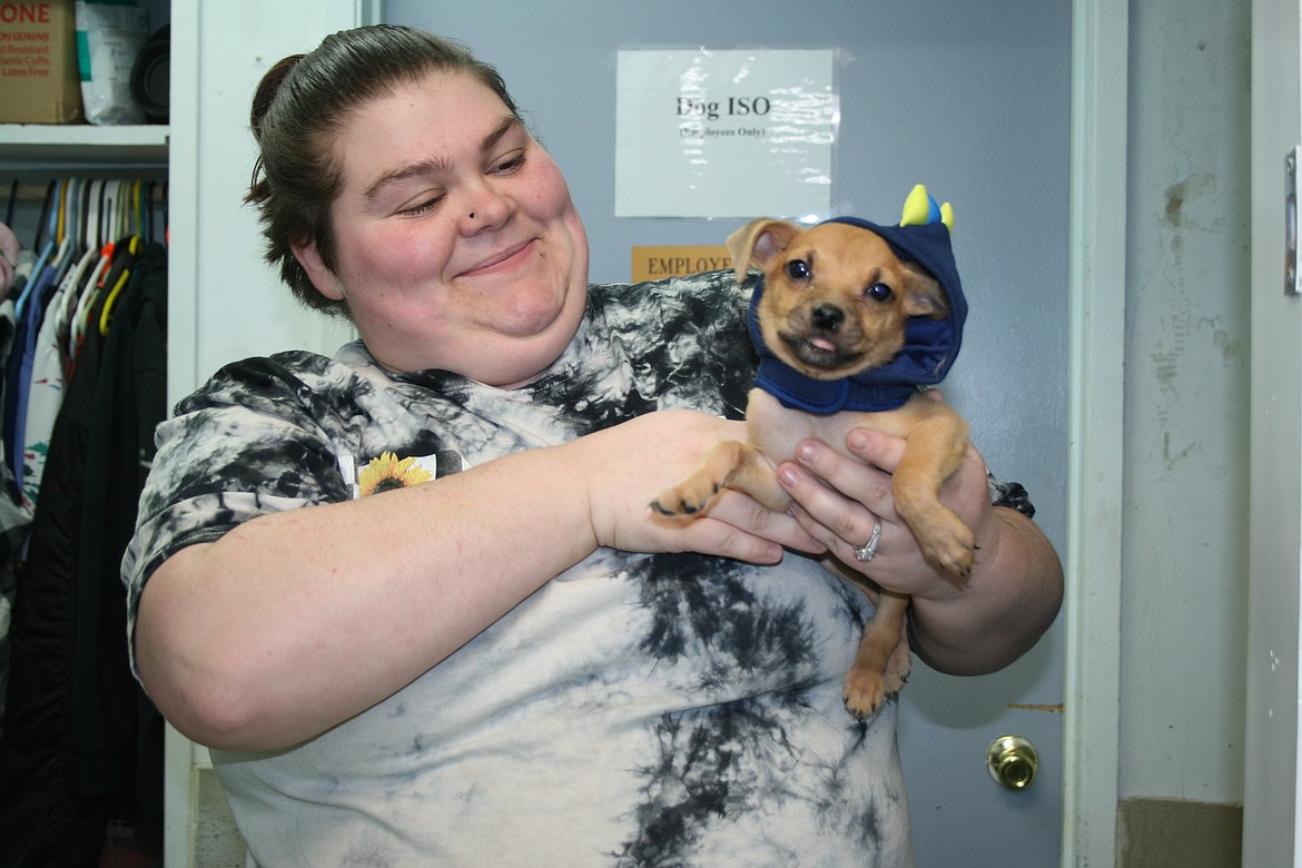 Interim Grant County Animal Outreach shelter manager Shae Lutz shows off the new harness given to Bean, a recent shelter arrival, Feb. 10.