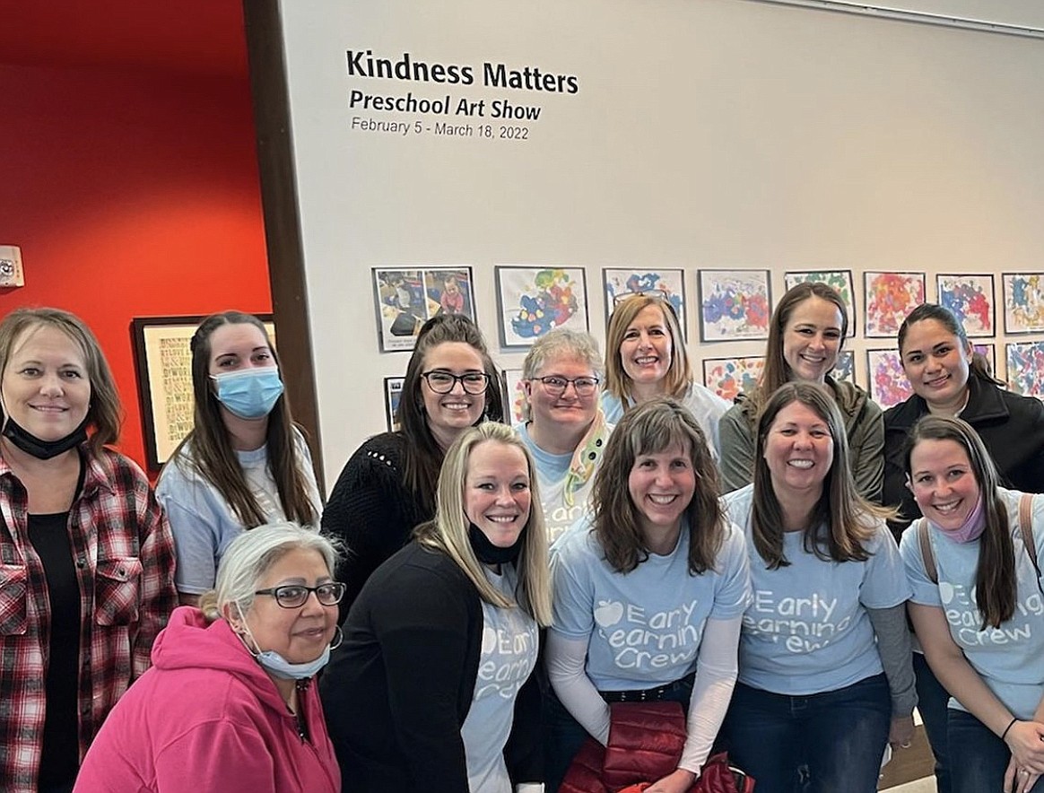 MLSD Early Learning Program staff stop for a group photo after their work putting together the MLSD preschool art show came to fruition. Front row from left to right: Naomi Luna, Amy Duvall, Arika Loeffler, Stacey Clark, Lindsay Erickson. Back row from left to right: Wendy Preston, Holly Martin, Tristin Ebel, Elaine Hamilton, Lynn Frey, Sarah Fitch, Karina Chavez.