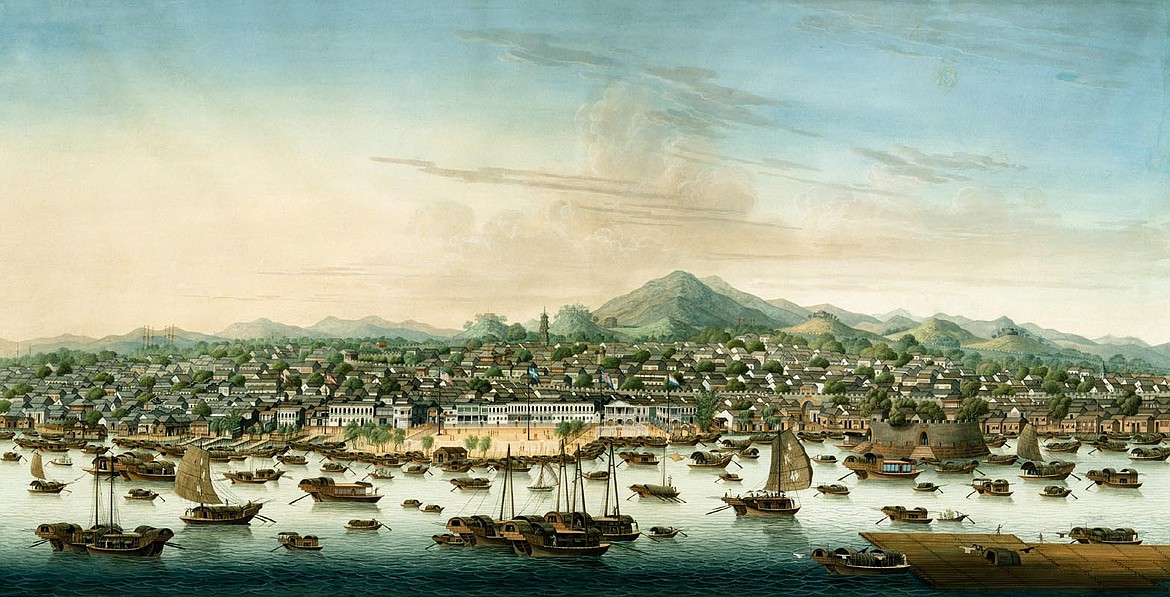 Painting of Canton in Guangdong Province in Hong Kong region in the 19th century, a crowded labyrinthine haven for pirates among thousands of small boats.