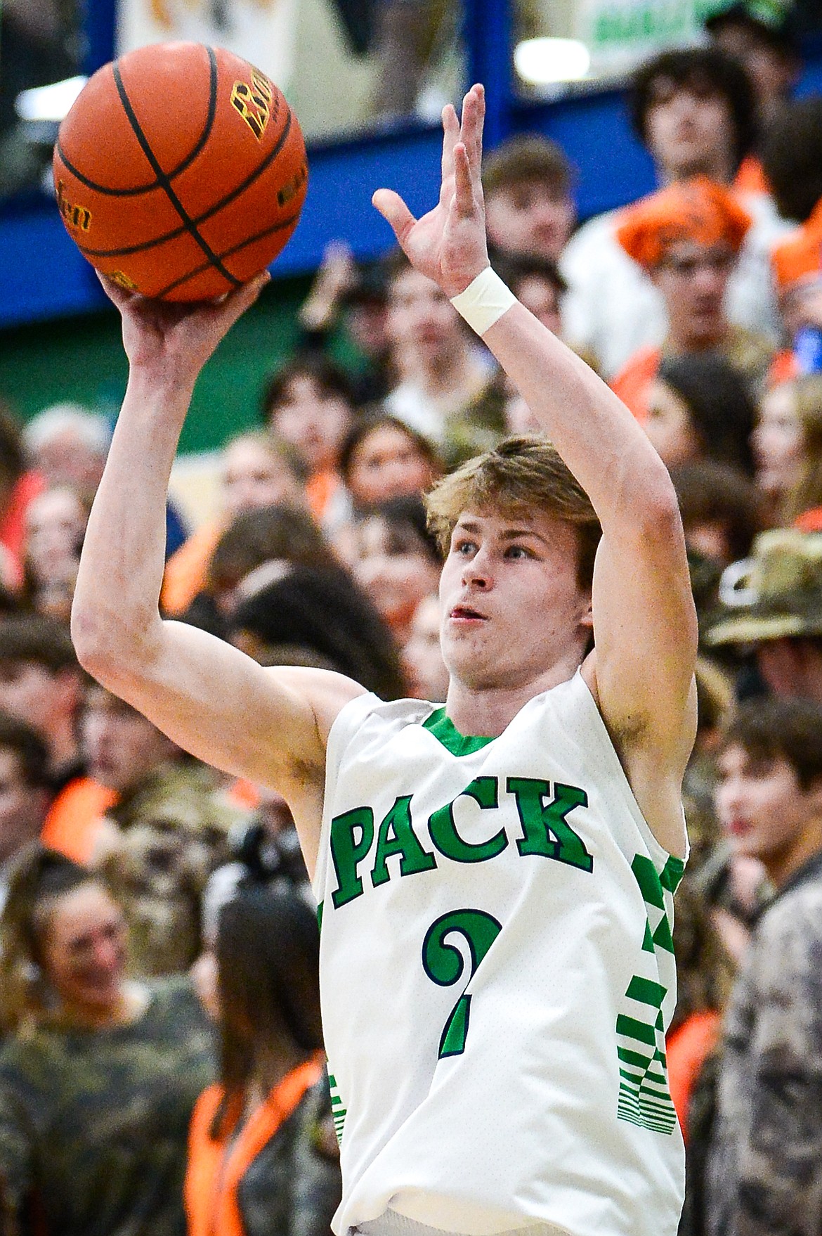 Glacier's Connor Sullivan (2) shoots a three against Flathead  at Glacier High School on Thursday, Feb. 17. (Casey Kreider/Daily Inter Lake)