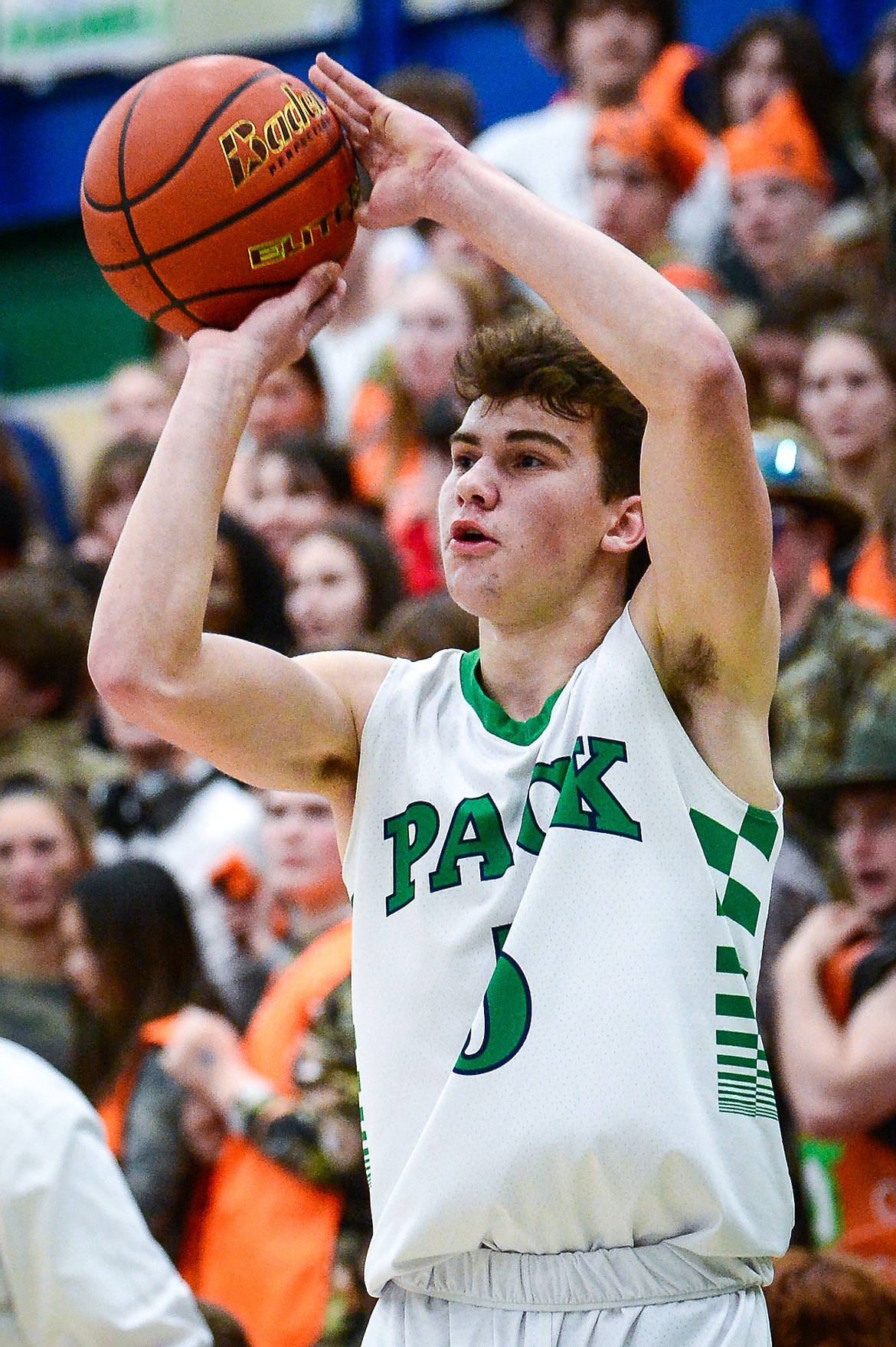 Glacier's Ty Olsen (5) shoots a three against Flathead at Glacier High School on Thursday, Feb. 17. (Casey Kreider/Daily Inter Lake)