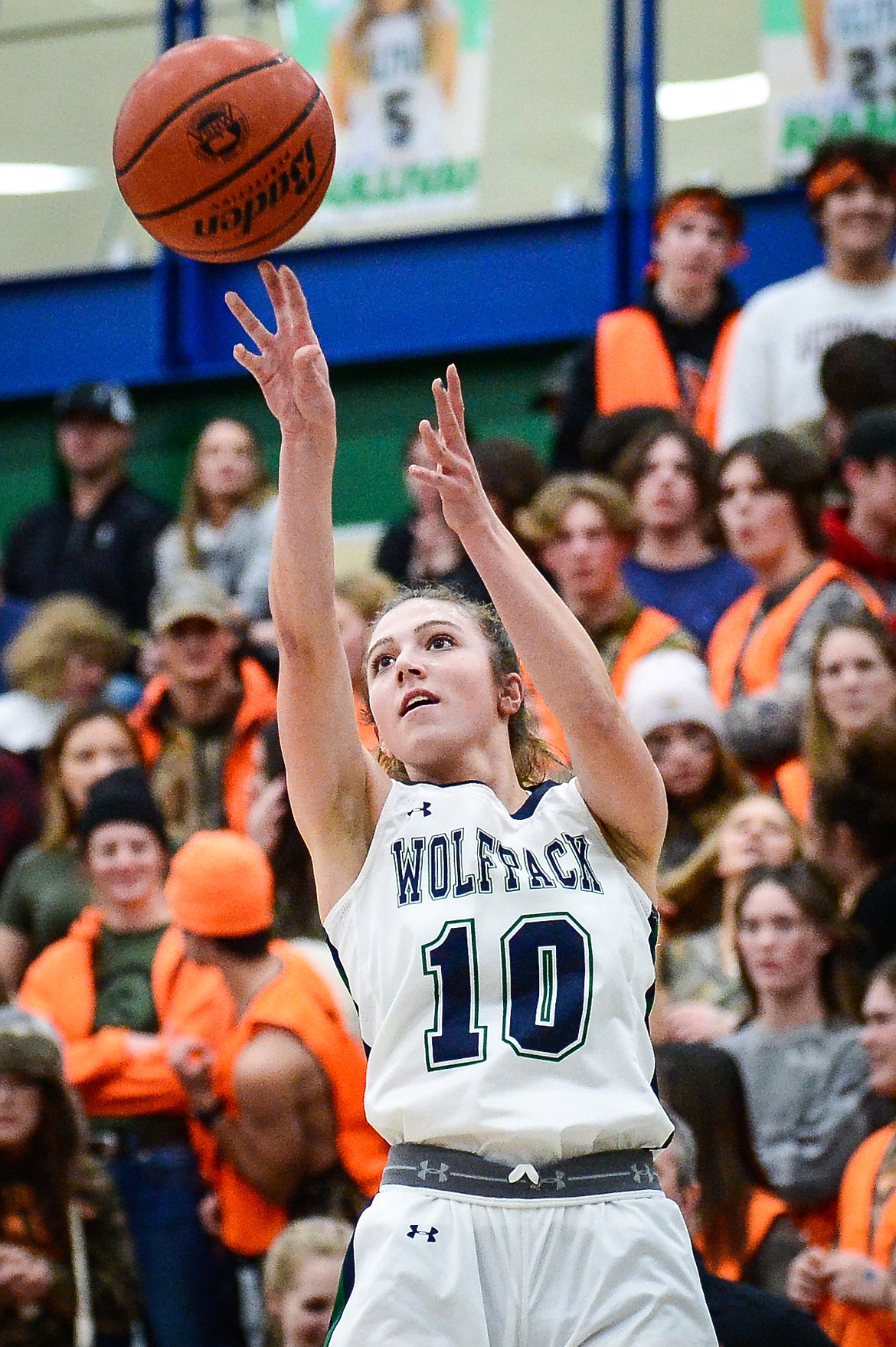 Glacier's Bethany Sorensen (10) shoots a three against Flathead at Glacier High School on Thursday, Feb. 17. (Casey Kreider/Daily Inter Lake)