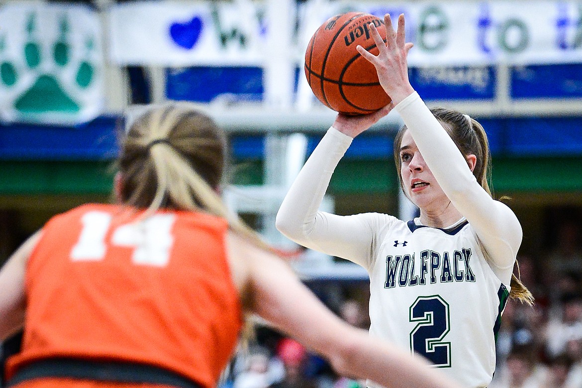 Glacier's Sidney Gulick (2) looks to shoot against Flathead at Glacier High School on Thursday, Feb. 17. (Casey Kreider/Daily Inter Lake)