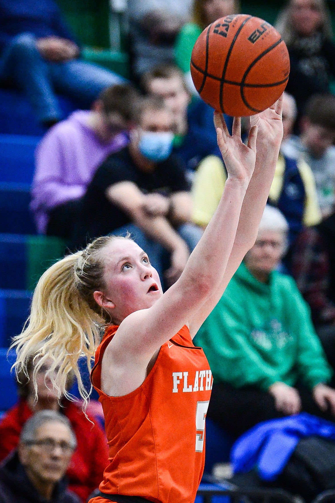 Flathead's Maddy Moy (5) shoots a three against Glacier at Glacier High School on Thursday, Feb. 17. (Casey Kreider/Daily Inter Lake)