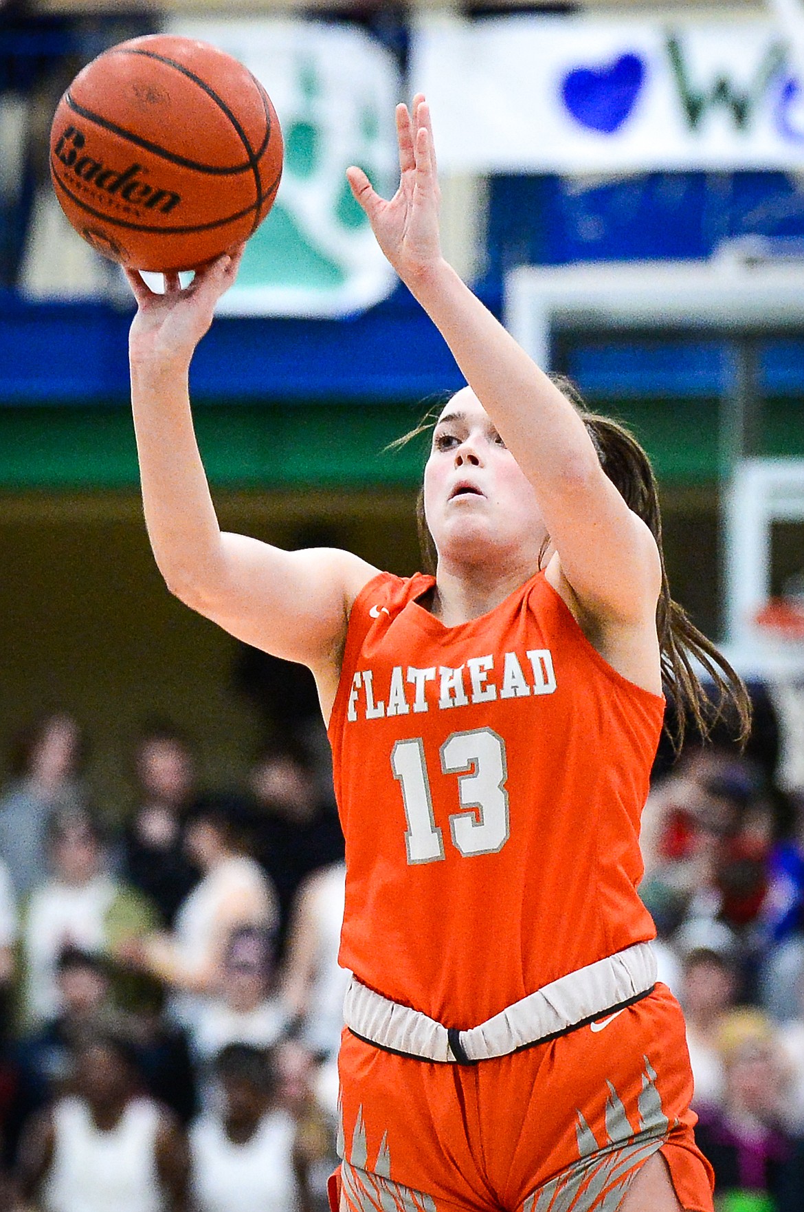 Flathead's Avery Chouinard (13) shoots a three against Glacier at Glacier High School on Thursday, Feb. 17. (Casey Kreider/Daily Inter Lake)