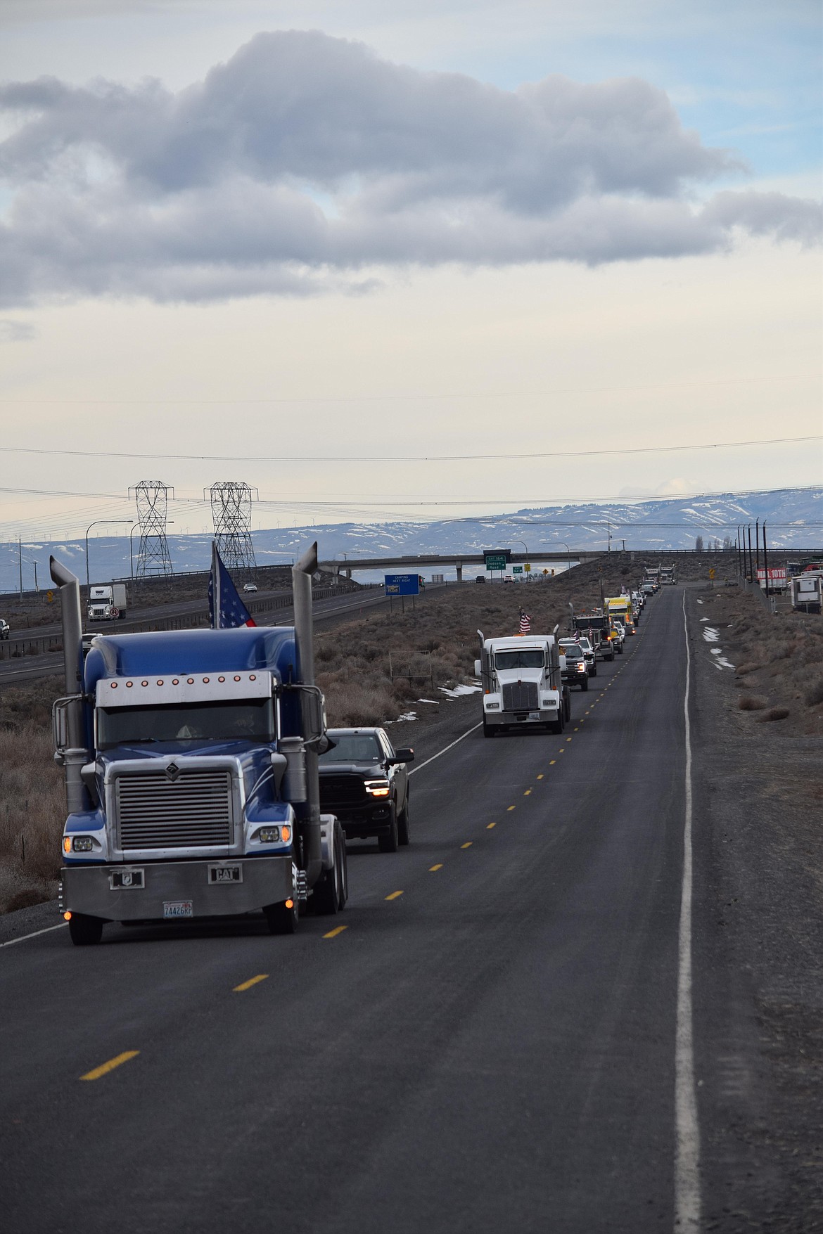 A truck convoy arriving from Moses Lake for the Freedom Ride and Rally on Saturday.