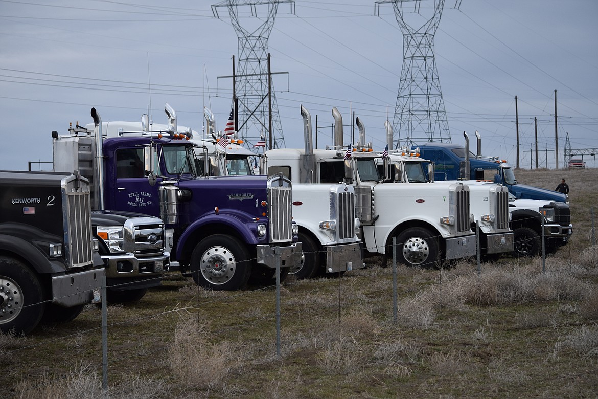 Trucks parked at the Freedom Ride and Rally west of Moses Lake on Saturday.