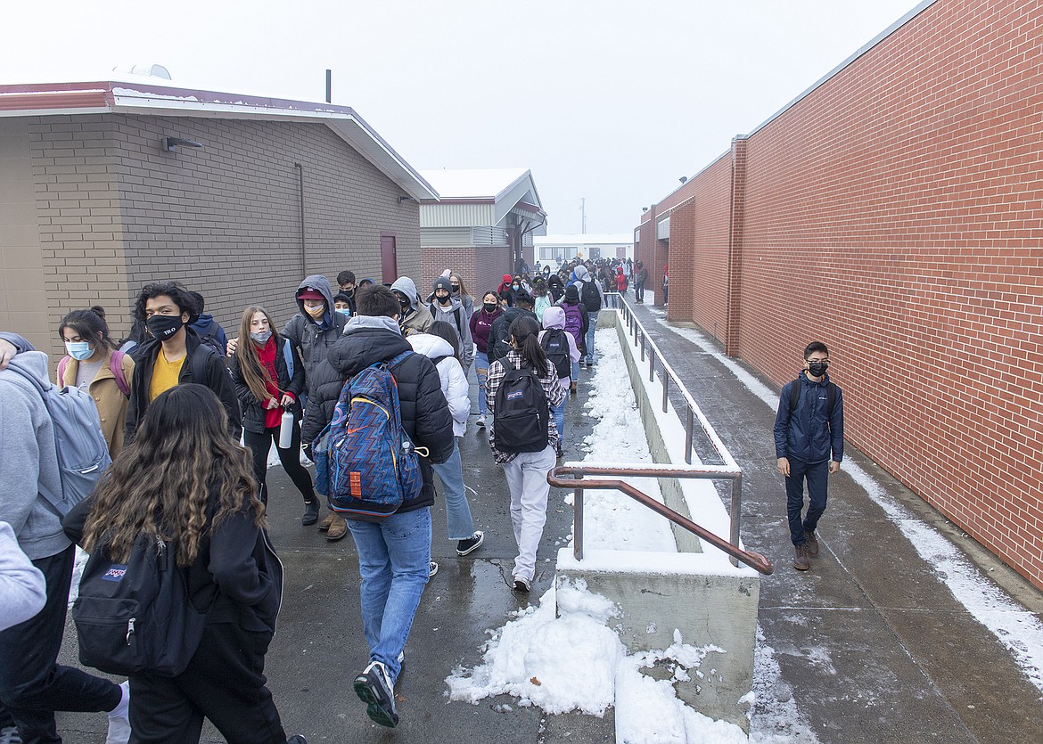 Othello High School students go to and from the 600 wing of the high school during a class change. Upgrades to the 600 wing were part of a construction bond proposal rejected by Othello School District voters earlier this month.