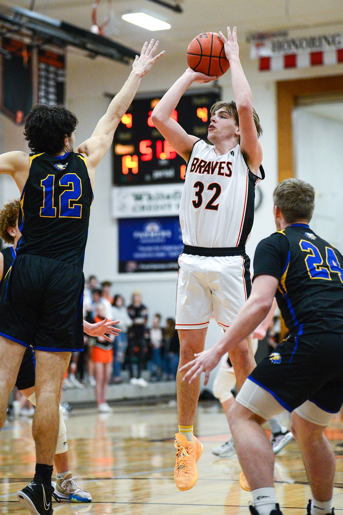 Flathead's Luca Zoeller (32) looks to shoot against Missoula Big Sky at Flathead High School on Tuesday, Feb. 22. (Casey Kreider/Daily Inter Lake)