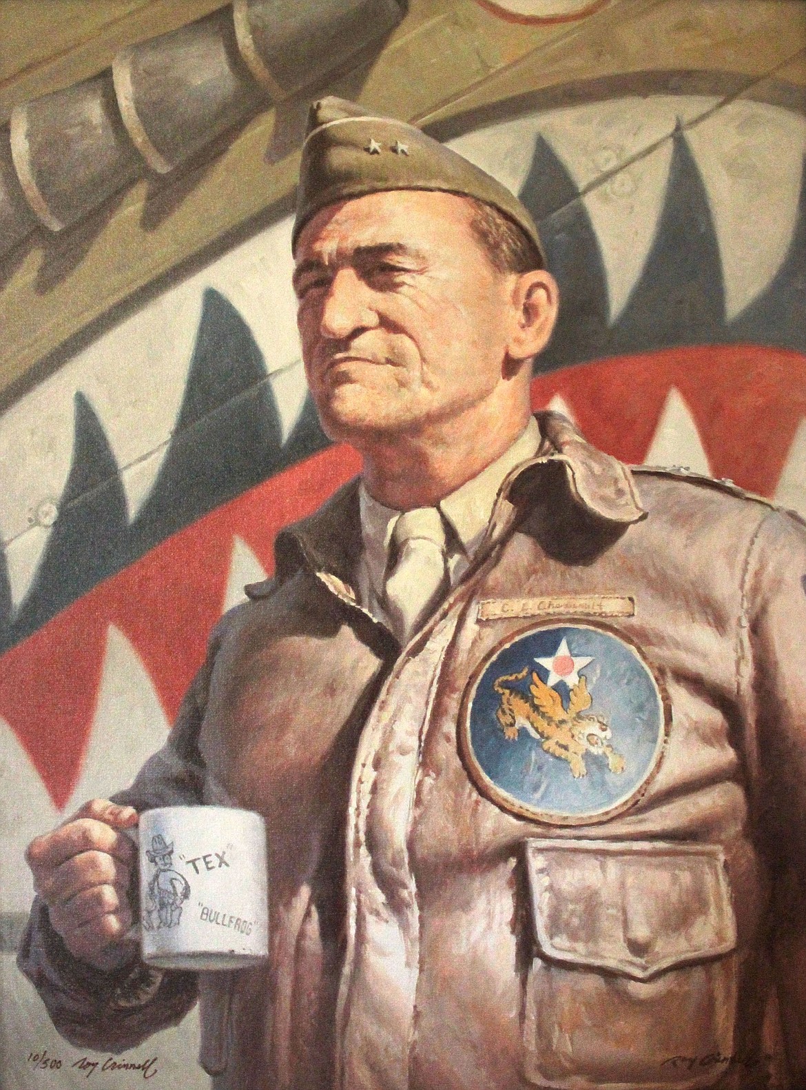 Texas-born General Claire L. Chennault (1893-1958) founded the Flying Tigers AVG (American Volunteer Group) fighter squadron to aid the British in Burma and China’s Chiang Kai-shek to fight the Japanese in World War II.