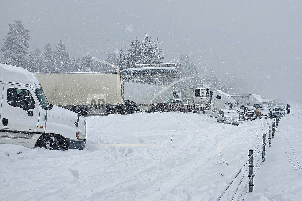 This photo provided by the Oregon State Police shows where authorities say as many as 98 cars and trucks crashed on one mile of icy Interstate 84 in northeastern Oregon on Monday, Feb. 21, 2022. The Oregon State Police were called about 12:20 p.m. Monday to the crash about 20 miles east of Pendleton, Oregon. (Oregon State Police via AP)