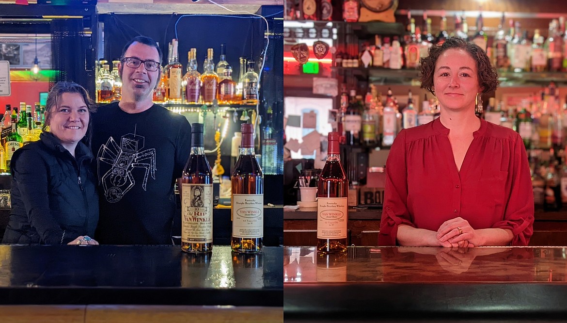 Katie and Jeremy Watterson of the Metals Bar and Jocelyn Bachman of the Silver Corner Bar show off the rare Pappy Van Winkle bottles at their respective establishments.