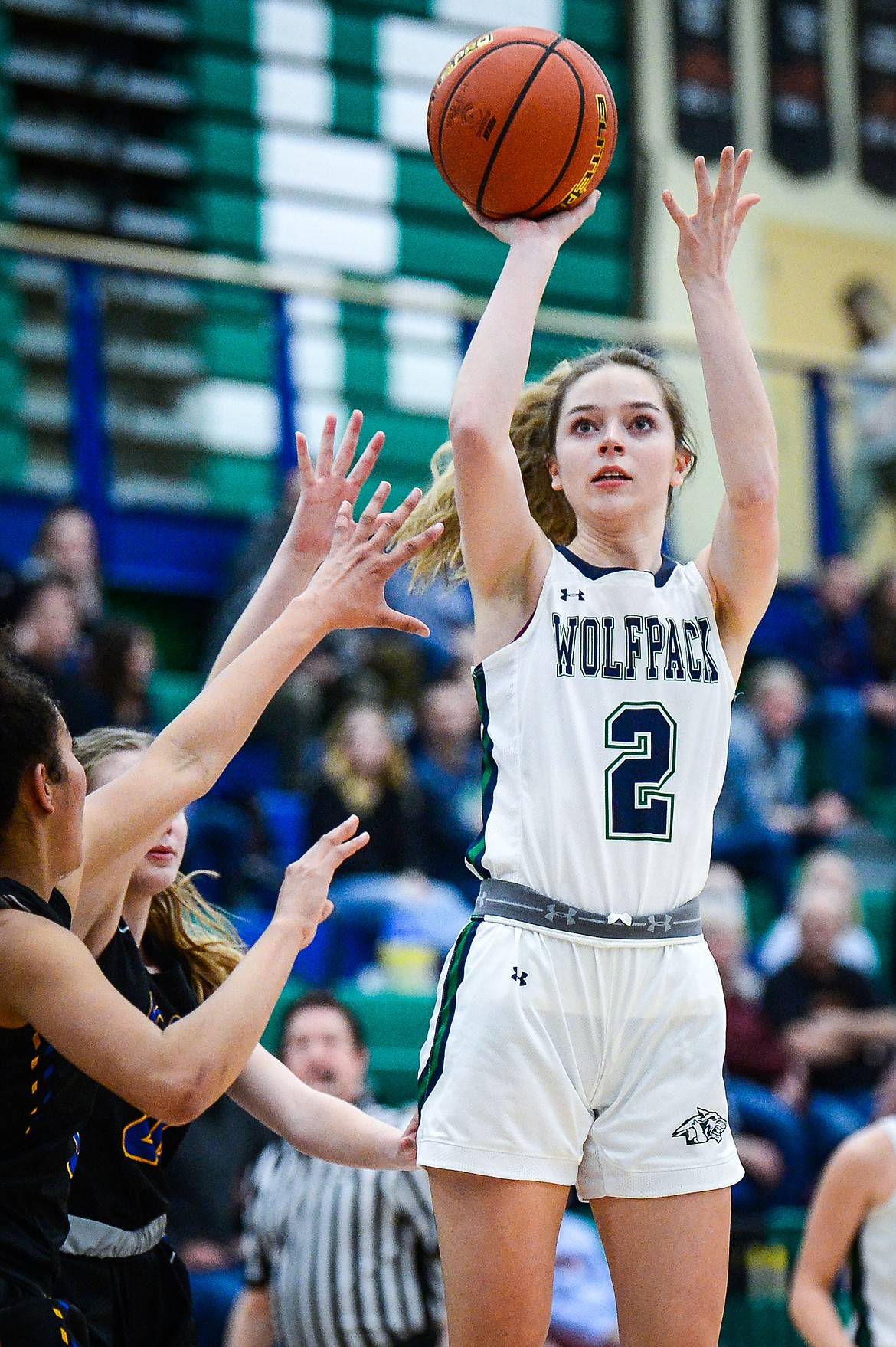 Glacier's Sidney Gulick (2) looks to shoot against Missoula Big Sky at Glacier High School on Friday, Feb. 25. (Casey Kreider/Daily Inter Lake)