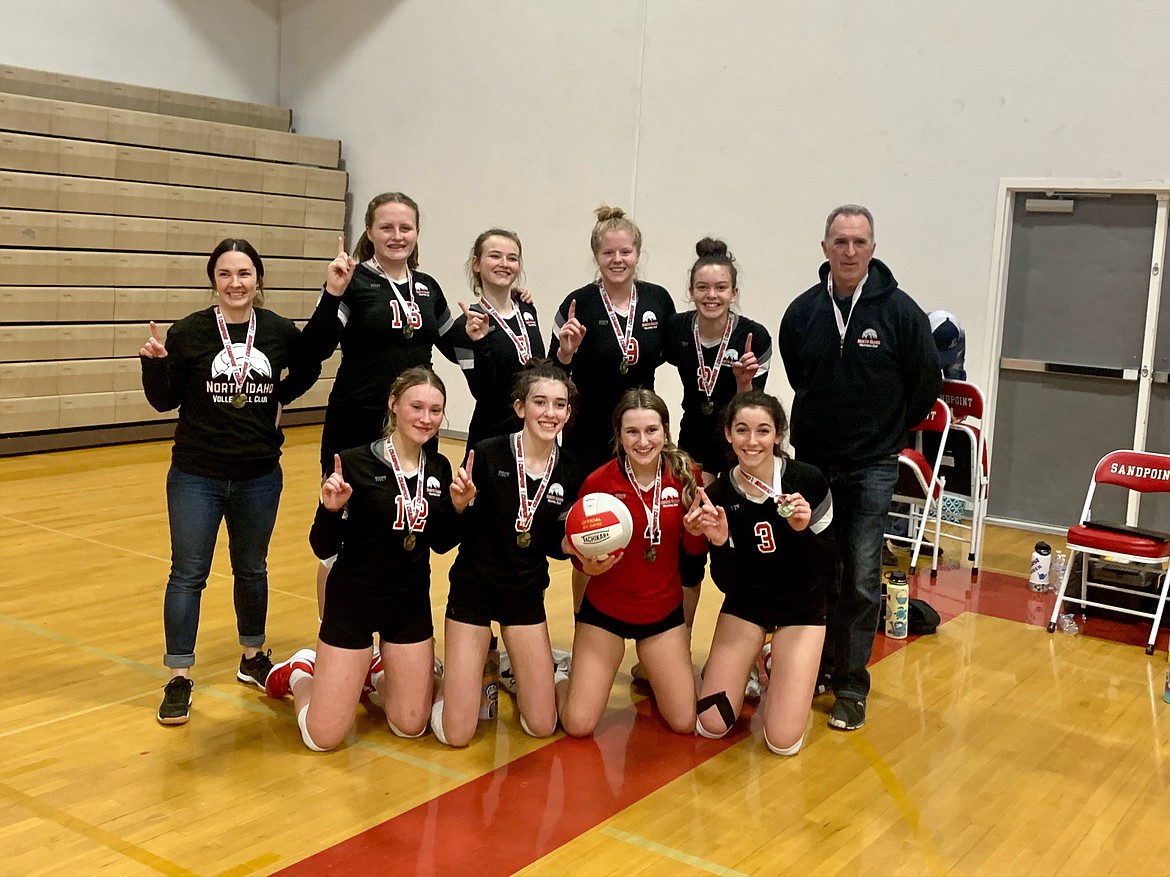 The North Idaho Volleyball club red team after winning the Sandpoint Showdown on Feb. 20.
From left to right: Coach Michelle Adams, Helene Rae (Bonners Ferry), Seanna Richter (Noxon), Allyson Barton (Oldtown), Kim Lucas (Bonners Ferry), Coach John Reopelle, Haley Hustead-Swaim  (Sandpoint), Aubree Lane  (Sandpoint), Audrey Petruso  (Sandpoint), Bella Moore  (Sandpoint).
