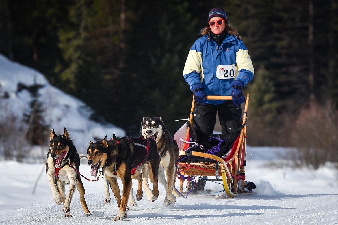 Musher Jill Thyr leads her four-dog team through the course at the Flathead Classic Sled Dog Race at Dog Creek Lodge & Nordic Center in Olney on Saturday, Feb. 26. (Casey Kreider/Daily Inter Lake)