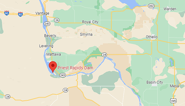 Priest Rapids Dam is located southwest of Moses Lake near Mattawa. The dam and a nearby village were the scene for a standoff after a man threatened utility district staff and began firing into the hills above the village.