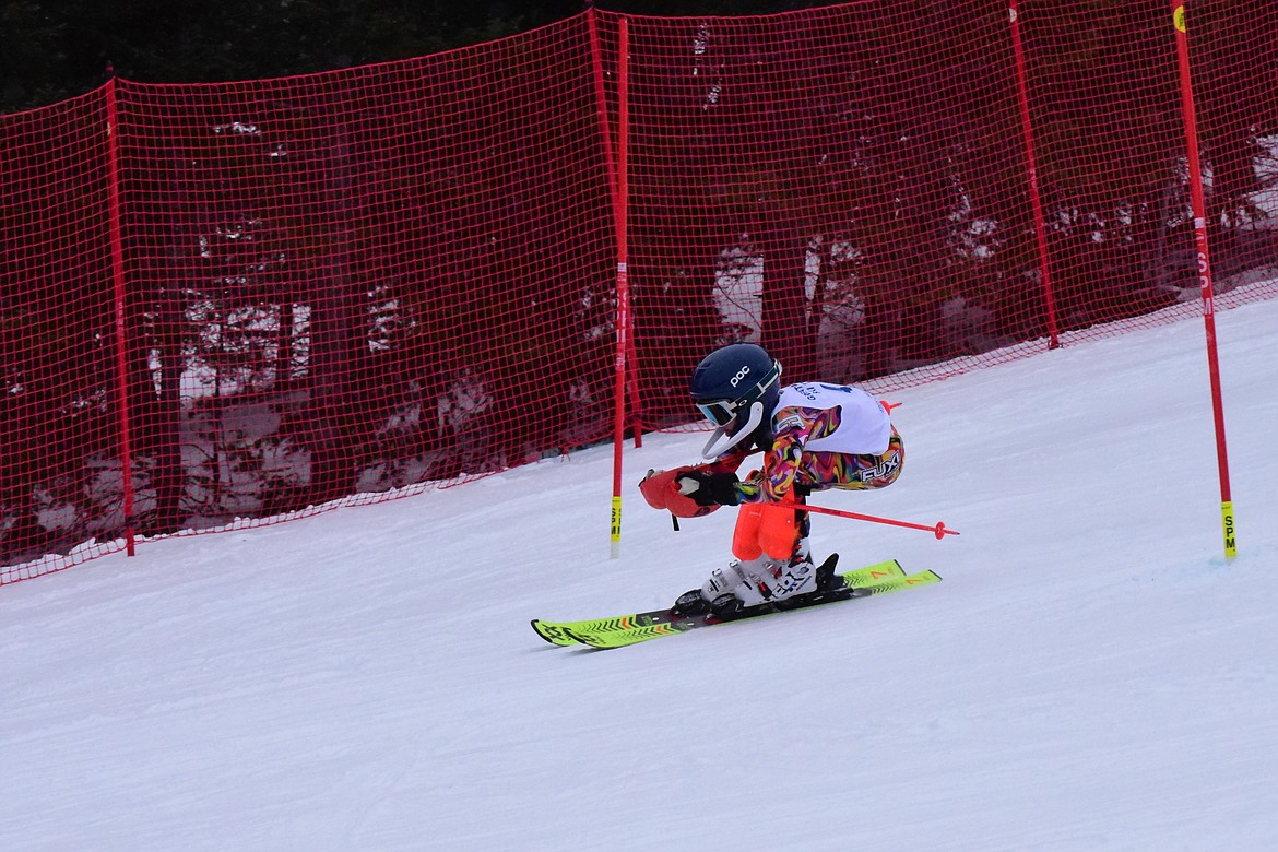 Nolan Shaw tucks through the finish at a slalom race at Great Divide where he had two seventh-place finishes. (Courtesy photo)