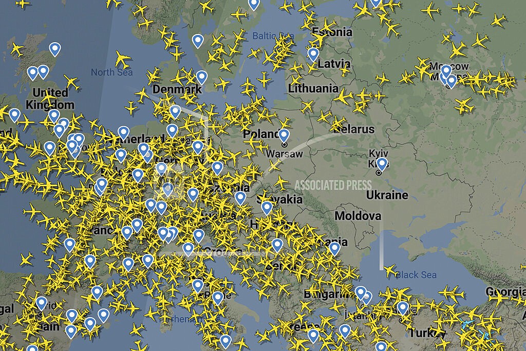 A screenshot made available by Flightradar24.com that shows the clear airspace over Ukraine on Feb. 24, 2022 not long after Russian troops launched their anticipated attack on Ukraine. Within days, Russian President Vladimir Putin has achieved what remained out of the grasp of the European Union for many decades, to jointly buy and send weapons to a war zone, and restored something that was broken for years, trans-Atlantic unity. (Flightradar24.com via AP, File)