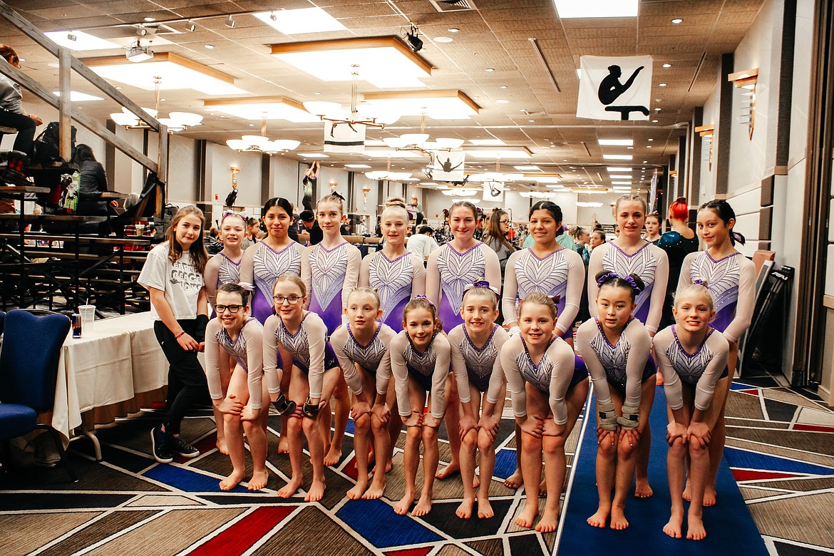 Courtesy photo
Avant Coeur Xcel Silvers took 3rd Place Team at the Great West Gym Fest last weekend at The Coeur d'Alene Resort. In the front row from left are Brinleigh Browne, Dahlia Kramer, Olivia Merry, Evelyn Harrison, Lois Chesley, Ellie Anderson, Evelynn Prescott and Harlan Baldwin; and back row from left, Myla Bryan, Mallory Secord, Carisa Gencarella, Addison Hundrup, Liliana Olind, Tiffany Berstien, Carina Gencarella, Aurora Saris and Malia Makanani.