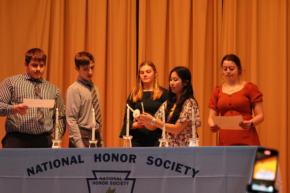 On Tuesday, Feb. 15, the Noxon High School National Honor Society inducted two new members. Current members Nathan Cano, Cade Van Vleet, and Vanessa Horner, all seniors, welcomed Jaedyn Murray (senior) and Martha Klaus (sophomore) into the Society. All five of these students have committed to upholding the four pillars of NHS: Character, Leadership, Service, and Scholarship. Jaedyn Murray is also a member of student council, the varsity girls basketball team, BPA, Science Club, and is a junior volunteer firefighter. Martha Klaus is also a member of student council, Pep Band, and Science Club. (Photo provided)