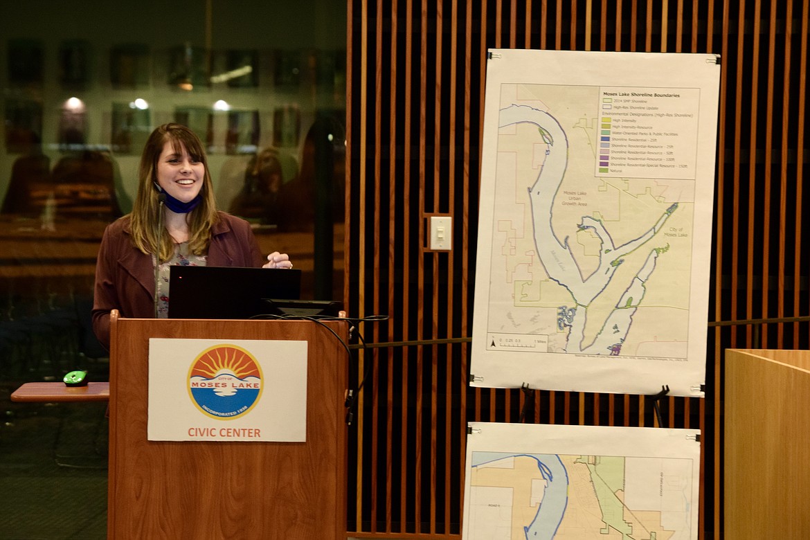 Rachel Granrath, senior planner with consultancy SCJ Alliance, outlines part of the process involved in revising the city’s Shoreline Master Plan to the Moses Lake Planning Commission at a public meeting on Thursday.